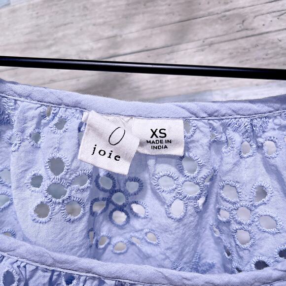 JOIE Ruffle Embroidered Drawstring Hem Blouse Blue Puff Sleeve Cotton Womens XS - Picture 7 of 9